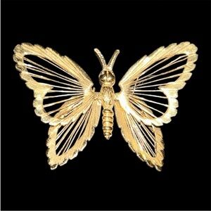 Vintage Monet Gold-Tone Butterfly Brooch - Layered Wing Filigree Pin
